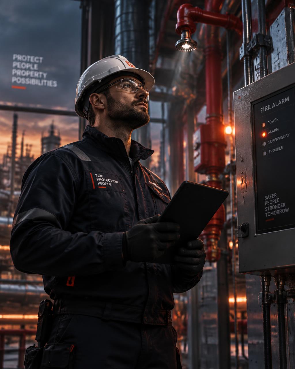 Técnico de IBK Fire inspeccionando un panel de alarma de incendios en una instalación industrial